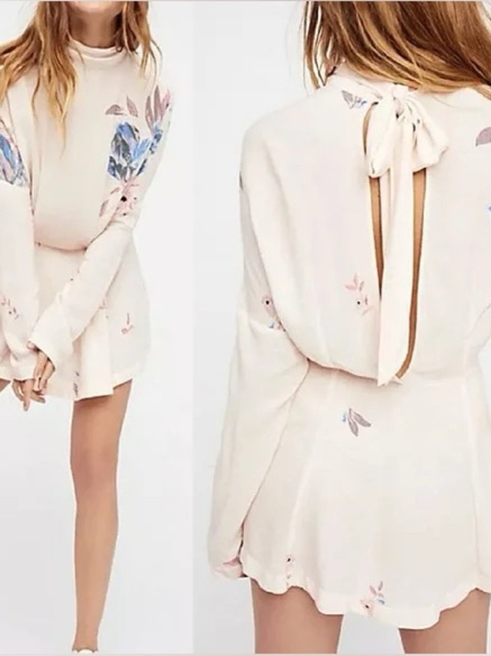 Free People Gemma Ivory Tunic Mini Dress Floral Multi Mock Neck Open Back - Picture 3 of 7